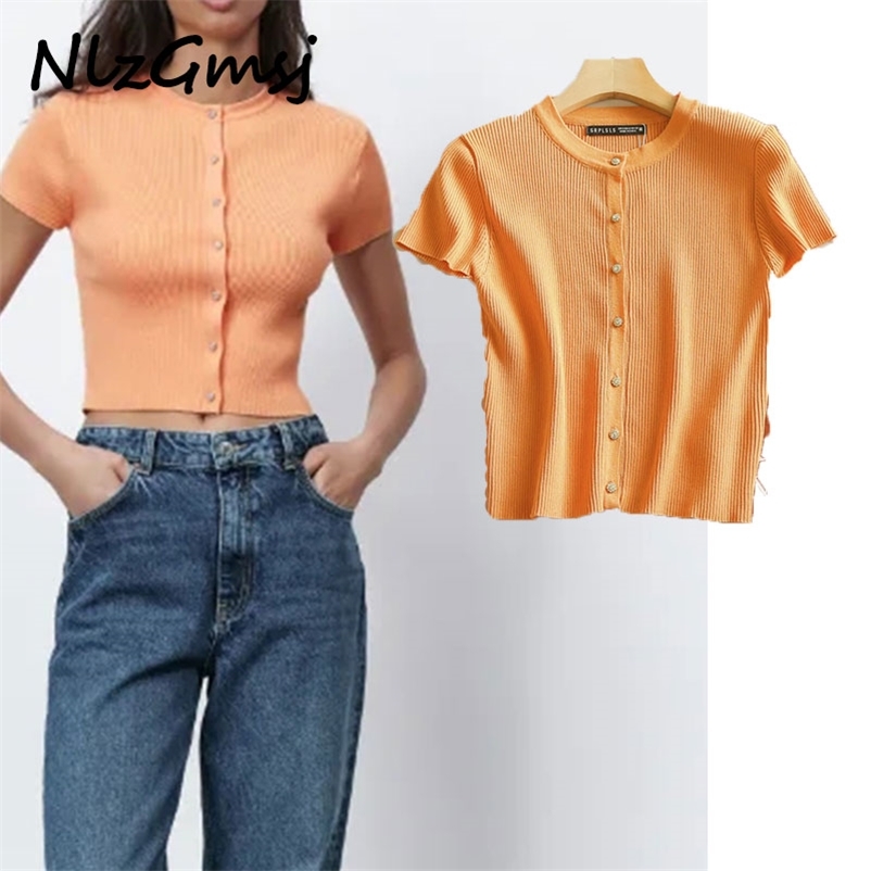 

Sweater Orange Basic Cardigan Woman Crop Top Fashion Short Sleeve Summer Thin Button Down Tunics 04 210628, As picture