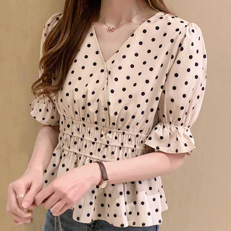 

Women Blouses Short Sleeve Shirts V-neck Dot Chiffon Shirt Tops Blusas Camisas Mujer D303 210602, Apricot