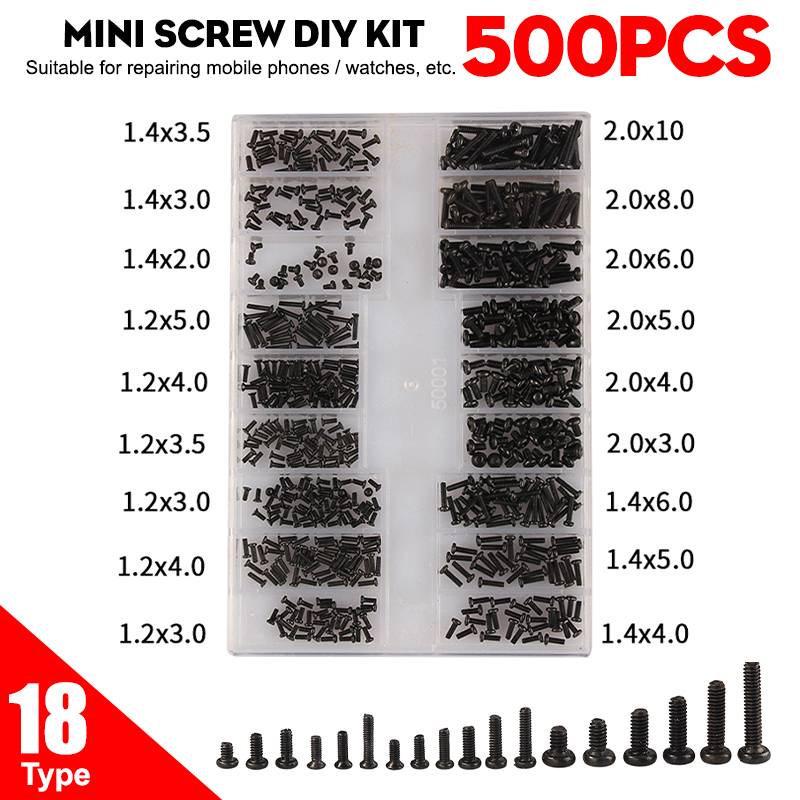 

500Pcs 18 Types Mini Screw Flat Head Phillips Screws Laptop Notebook Screws DIY Set Kit for Computer Mobile Phone Watches Screws