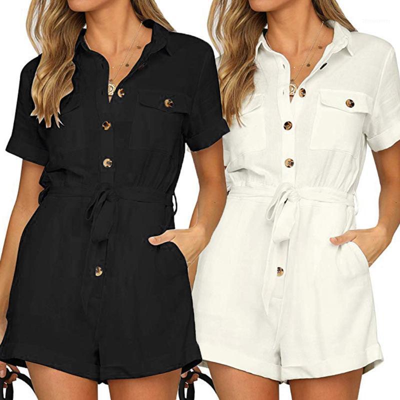 

Women's Jumpsuits & Rompers Jumpsuit Casual Black Button Down Cuffed Short Sleeve Boho Overalls Playsuit Woman Summer Romper, White