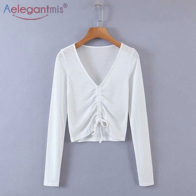 

Aelegantmis Fashion Folds Solid V Neck Pullovers Female Elegant Long Sleeve Knitted Primer Shirt Ladies Casual Slim Korean Tops 210607, White