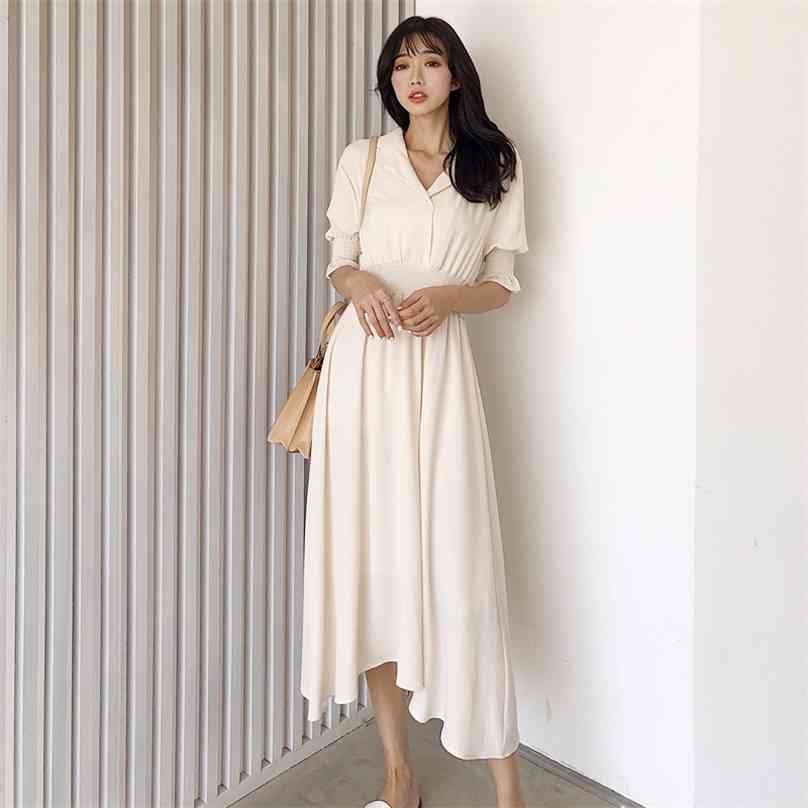 

Maxi Long Dress for women white korea Sleeve notched Boho Sundress Ladies formal elegant Loose Party Dresses 210602, Beige
