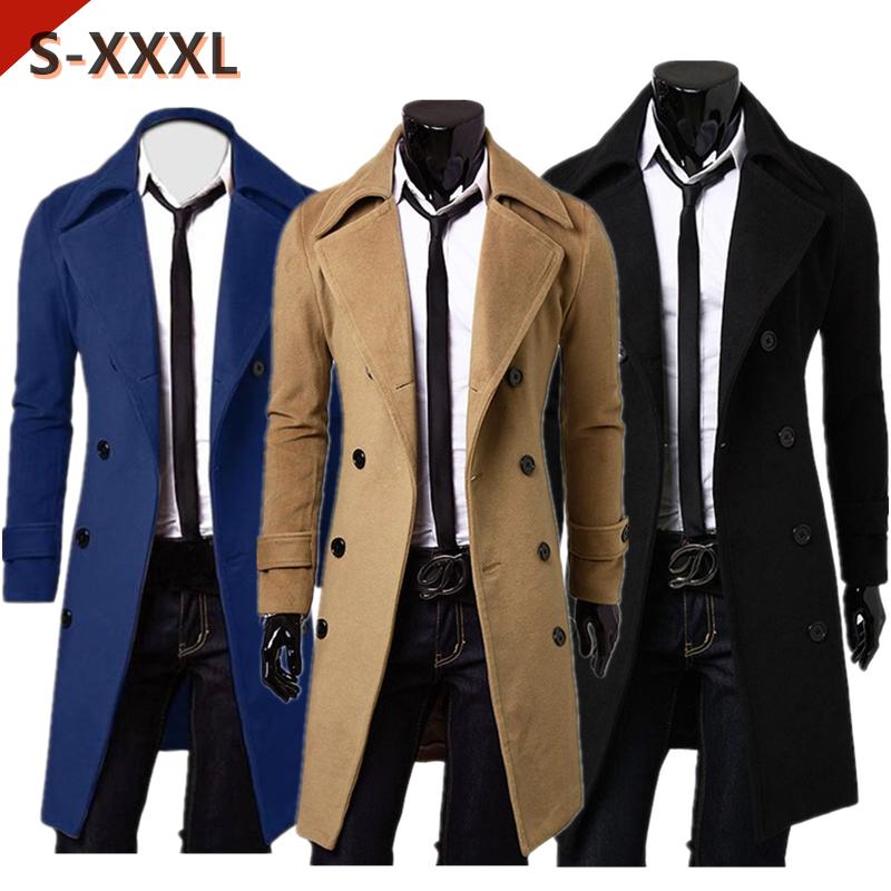 

Men's Trench Coats Fashion Black Autumn Jacket Long High Quality Self-cultivation Solid Color Coat Double-breasted Windbreaker, Tan;black