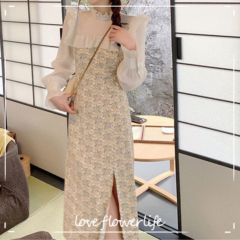 

Summer Sweet Chiffon Floral Dress Women Patchwork Vintage Party Dresses Female Elegant Puff Sleeve Dress Korean Office Lady 210521, As picture
