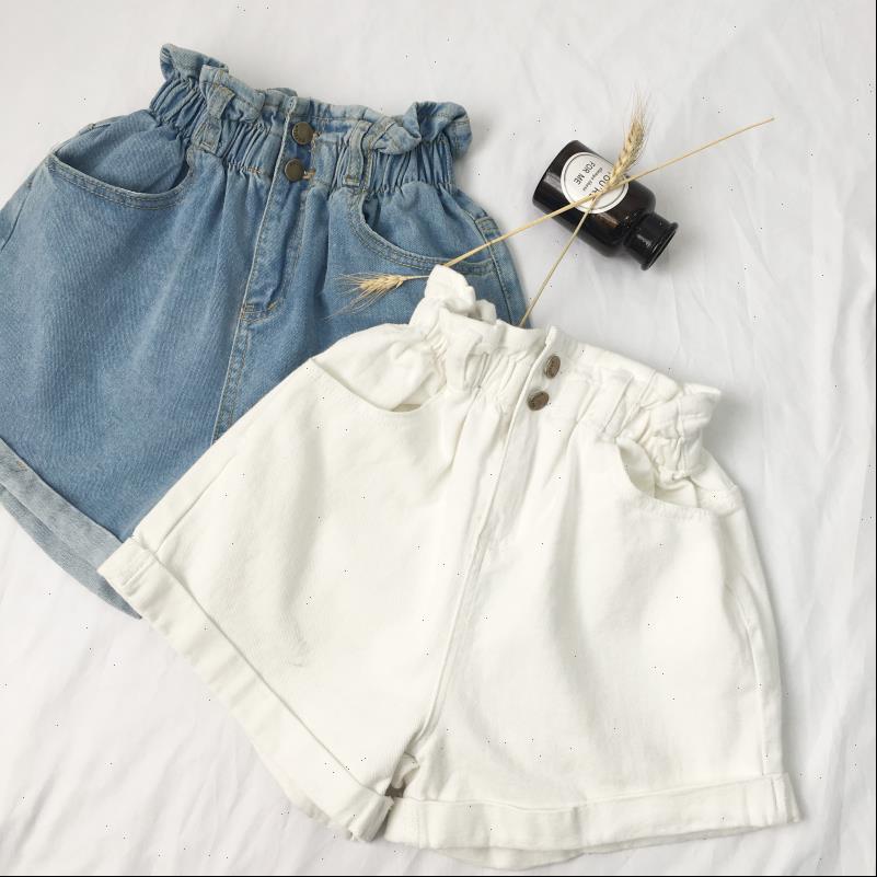 

fanco summer women shorts highwaist denim casual loose ladies fashion roll up hem elastic waist pocket blue white jeans female, White;black