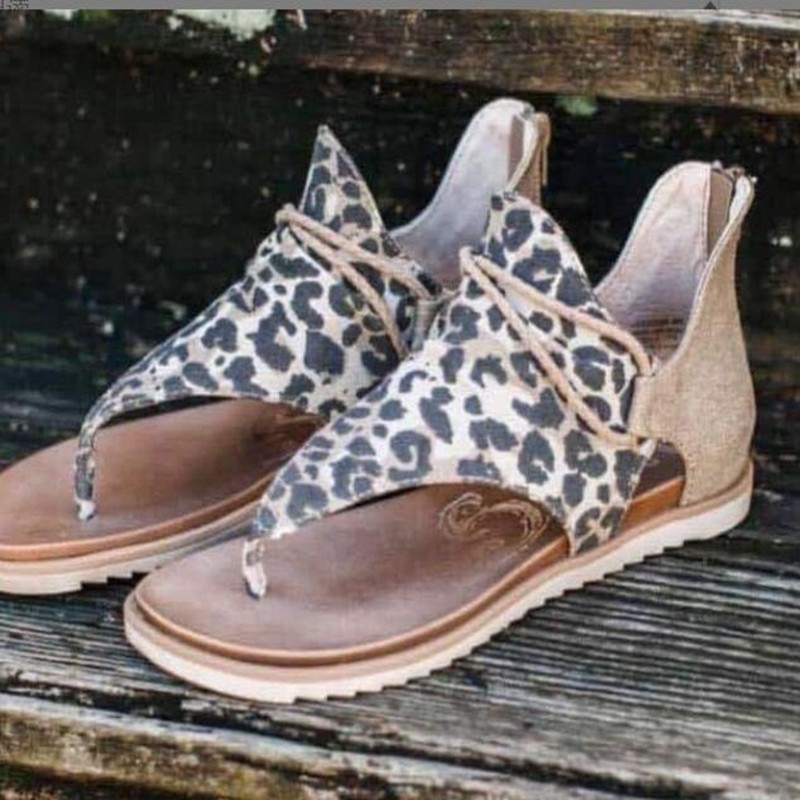 

Ankle Strap Summer Style Gladiator Flip Flops Toe Sandals Roman zipper leopard Flats Casual Soft Flat Shoes Woman Plus Size 35-40