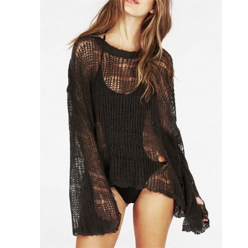 

Beach Sexy Hole Sweater Asymmetric Hem Loose Knitted Crochet Heart shape Hollow out Thin Knit Jumper Tops Holiday 211018, Black
