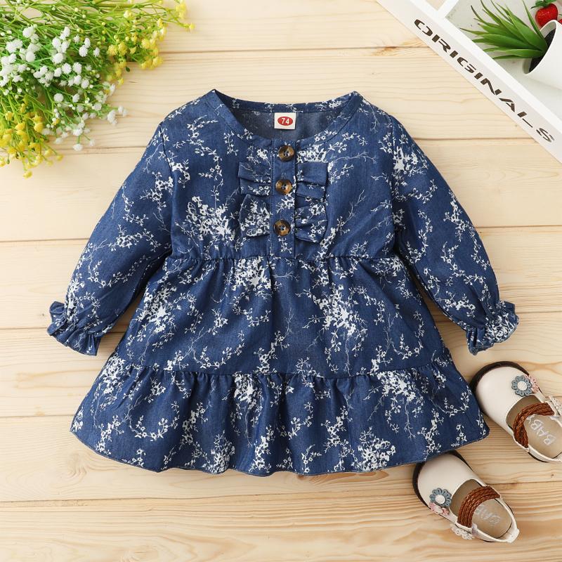 

Girl's Dresses Baby Girls Casual Dress Floral Print O Neck Long Sleeve Midlength Spring Autumn Loose Aline With Bowknot Outfits, Blue