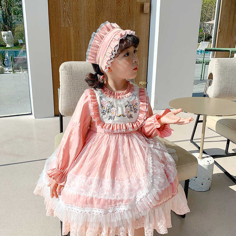 

Girls Spanish Lotia Pink Dress with Headwear Toddler Long Sleeve Embroidery Spain Ball Gowns Eid Baptism Party Clothes 210615