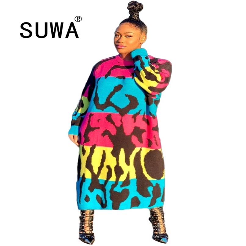 

Multicolor Leopard Printed Long Maxi Dress for Women Mock Neck Full Sleeve Loose Dresses Fall Winter Female Plus Size Vestidos 210525, Multi