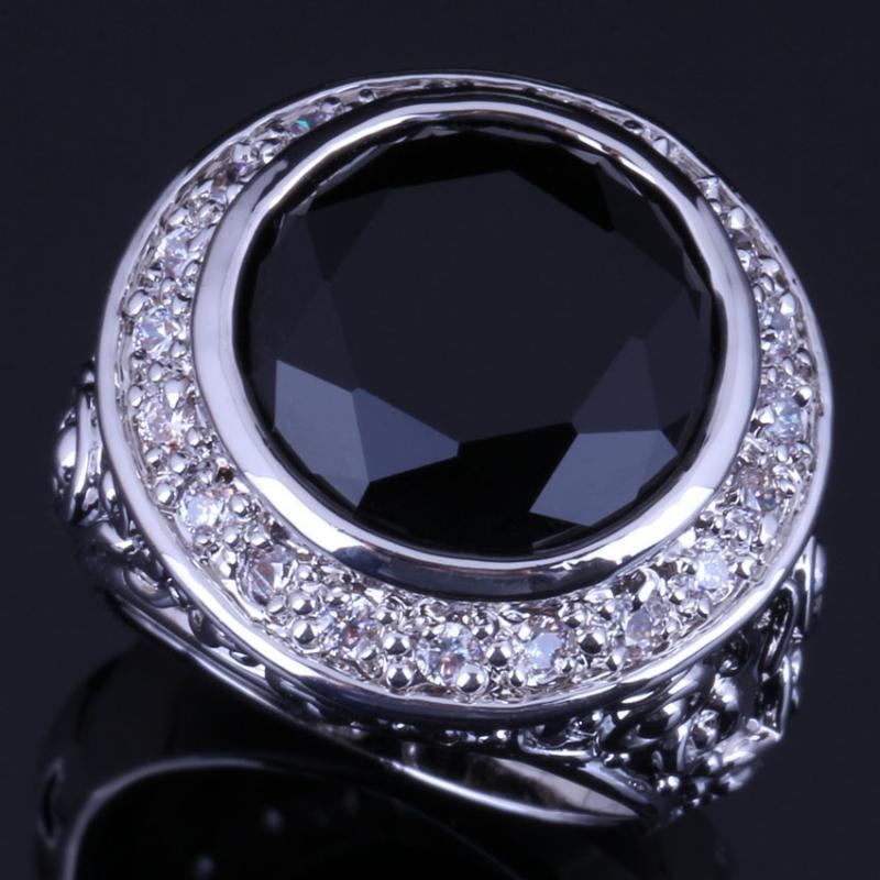 

Cluster Rings Fantastic Big Round Black Cubic Zirconia White CZ Silver Plated Ring V0566