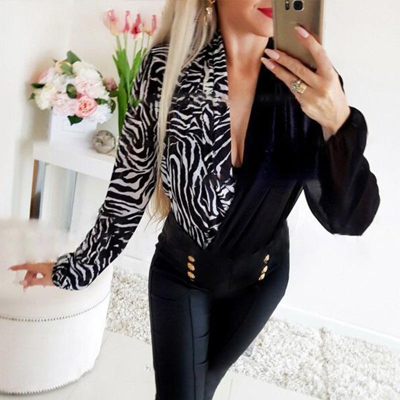 

Women's Blouses & Shirts Leopard Patchwork Blouse Deep V-neck Criss-cross Long Sleeve Women 2021 Spring Sexy Fashion Top Female Elegant, White