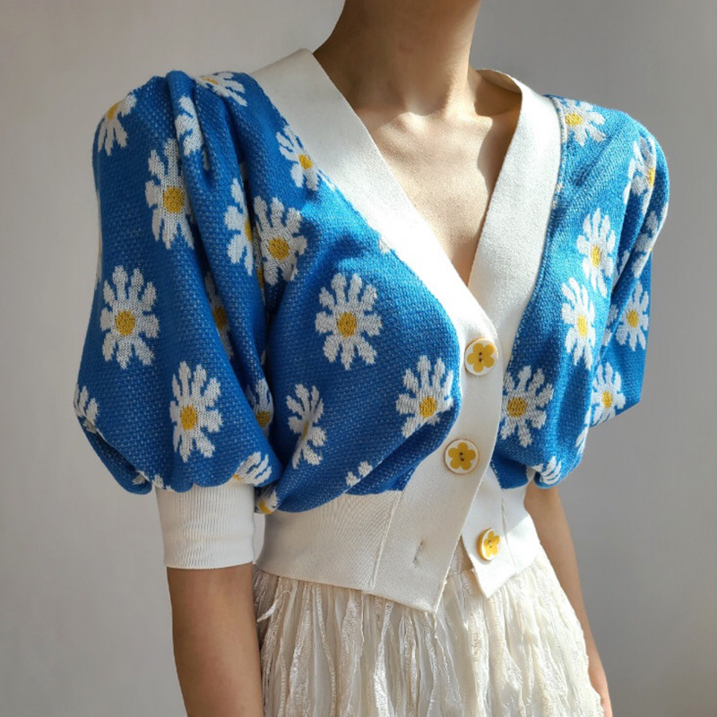 

Lucyever Chic Floral V-neck Knitted Cardigan Women Summer Vintage Puff Short Sleeve Cropped Tops Female Fashion Elastic Shirts 210521, Blue