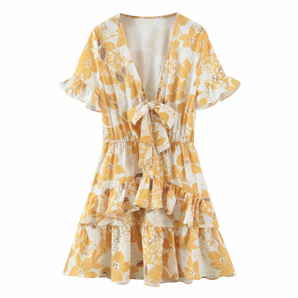 

Women Stylish Chic Flower Printing Vintage V Neck Bow Tie Short Jumpsuits Female Laminated Ruffle Elegant Jumpsuits 210520, Beige