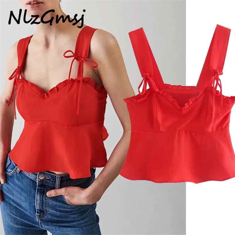 

T-Shirt Women Fashion Summer Sleeveless V-neck Red T-shirt Vintage Short Slim Chic Female Tops 05 210628, As picture