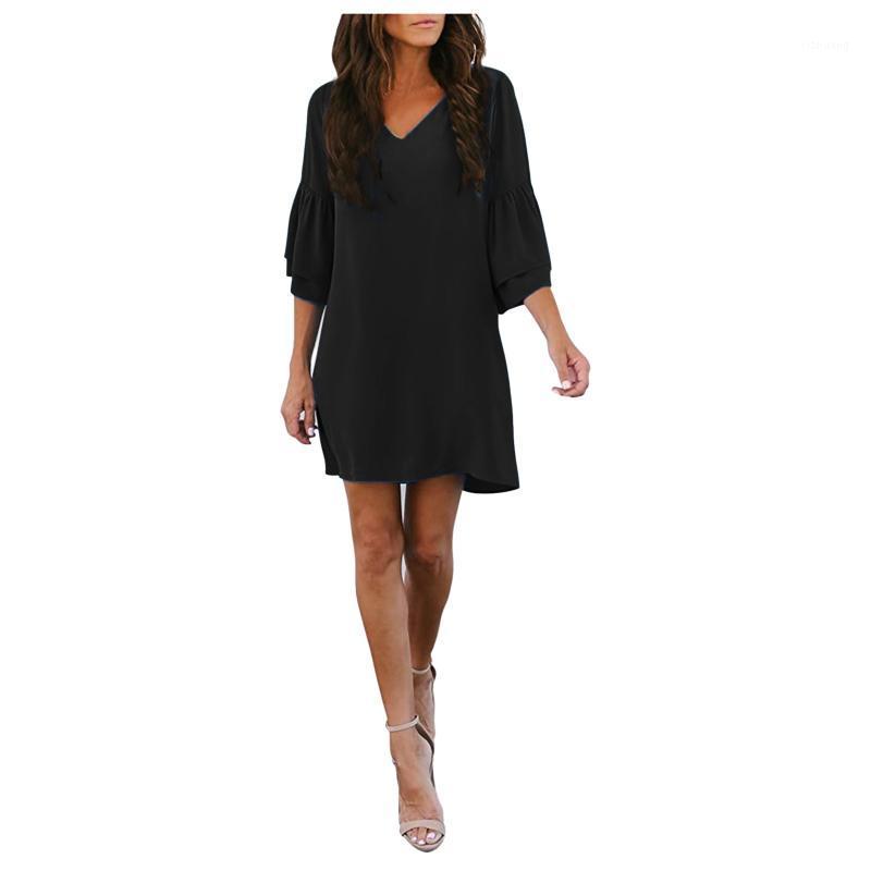

Casual Dresses Solid Short Dress Women Summer V Neck Half Butterfly Sleeve Loose Sexy Mini Kleider Damen #G2, Black