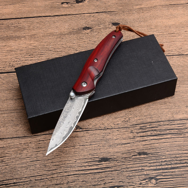 

High Quality Damascus Small Pocket Folding Knife Damascus Steel Drop Point Blade Rosewood Handle EDC Gear Gift Knives