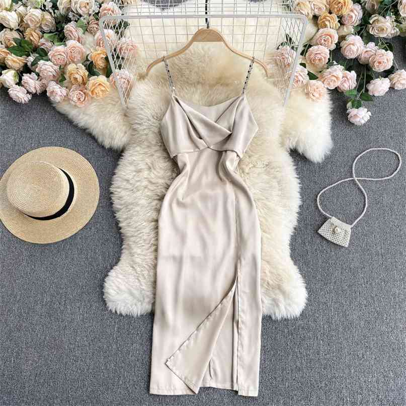 

Sexy V-neck Chain Spaghetti Strap Party Dress Women Elegant Sleeveless Summer Slim Midi Backless Split Fashion Vestidos 210603, Apricot