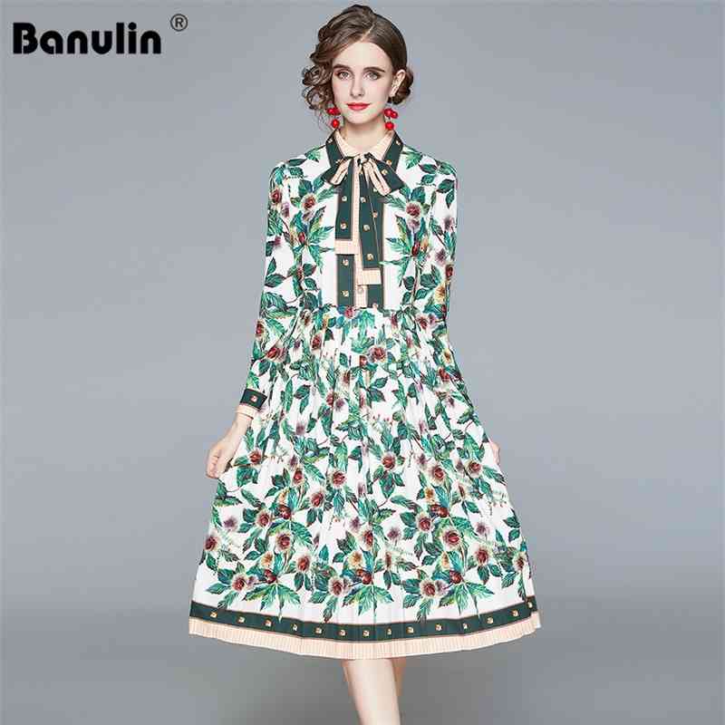 

Banulin Designer Runway Green Leaf Chestnut Printed Midi Dress Lapel Collar Women Elegant Long Sleeve Floral Pleated 210603, Design and color