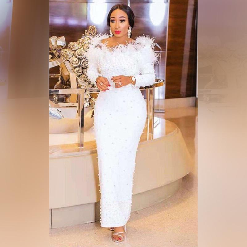Robes décontractées Élégant Blanc Perles Maxi Robe De Soirée De Mariage Femmes Hors Épaule À Manches Longues Bodycobn Plumes Moulantes Robes En G