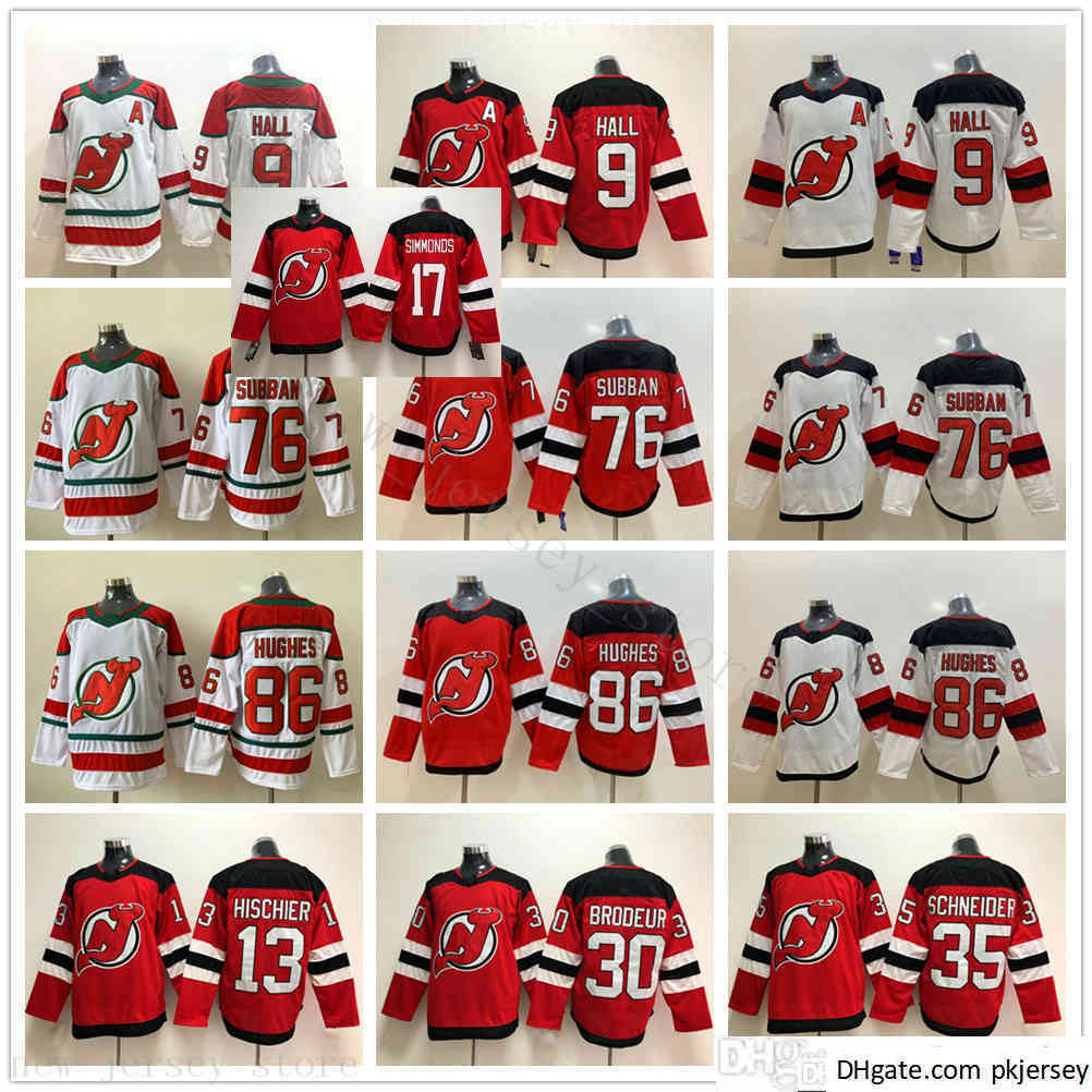 

New Jersey Devils Ice Hockey 86 Jack Hughes 76 PK Subban 9 Taylor Hall 17 Wayne Simmonds Nico Hischier Martin Brodeur Cory Schneider Jerseys, Black;red