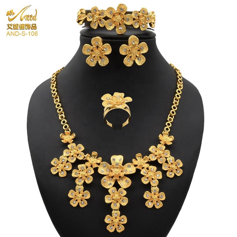 

Earrings & Necklace ANIID Jewelery Set Gold Luxury Bridal Earring For Women Wedding Fashionable Pakistani Rings Saudi Gift Flower Bracelet, As pic