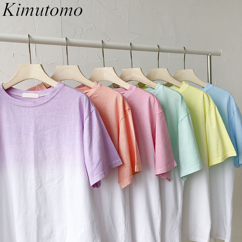 

Kimutomo Ins Short-sleeved T-shirt Women's Summer Korean Gradient O-neck Solid Casual Top Outwear Fashion 210521, Blue