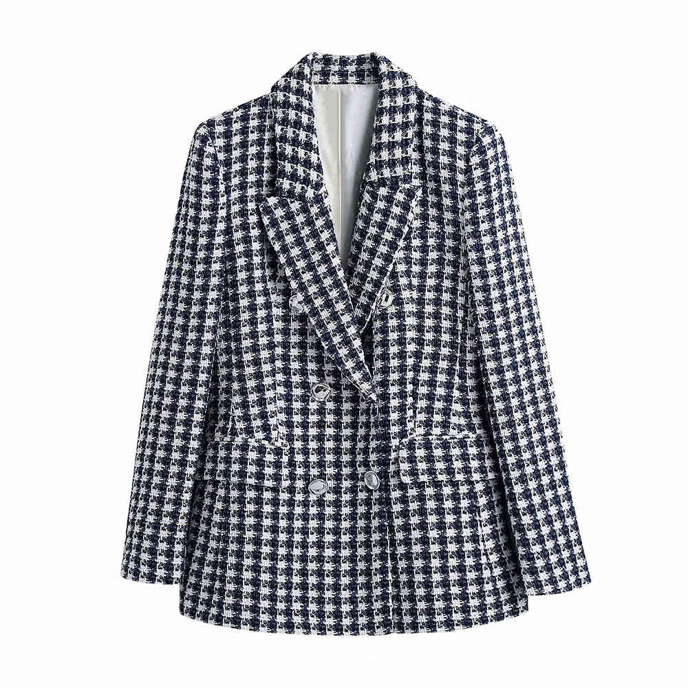 

BBWM Za Women Fashion Double Breasted Casual Tweed Blazer Coat Female Business Work Office Lady Plus Size 210520, Navy and white