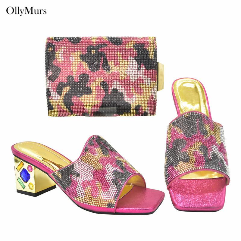 

Dress Shoes Afrcan Style Rhinestone High Heels And Bag Set Coming Sandals Woman To Mathc For Party, Green