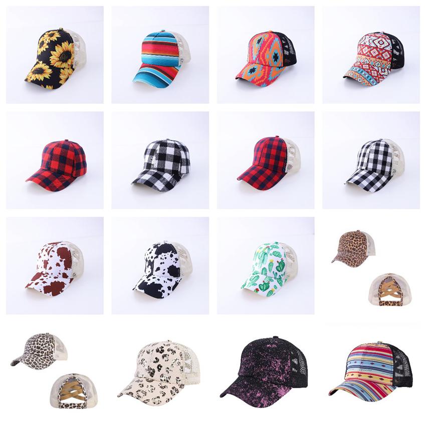 

Criss Cross Ponytail Party Hats Woman Washed Mesh Messy Bun Camo Leopard Sunflower Plaid Baseball Cap 25 Colors