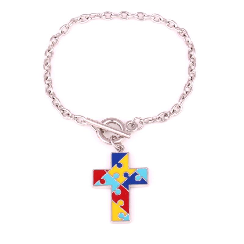 

Link, Chain Heart Shaped AUTISM RIBBON- Puzzle Cross Religious Charm OT Bracelet