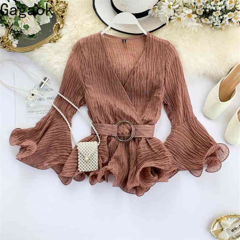 

Gagaok Women Office Lady Chiffon Blouse Spring Autumn Solid V-Neck Flare Sleeve Sashes Slim Chic Wild Female Fashion Shirts 210719, White