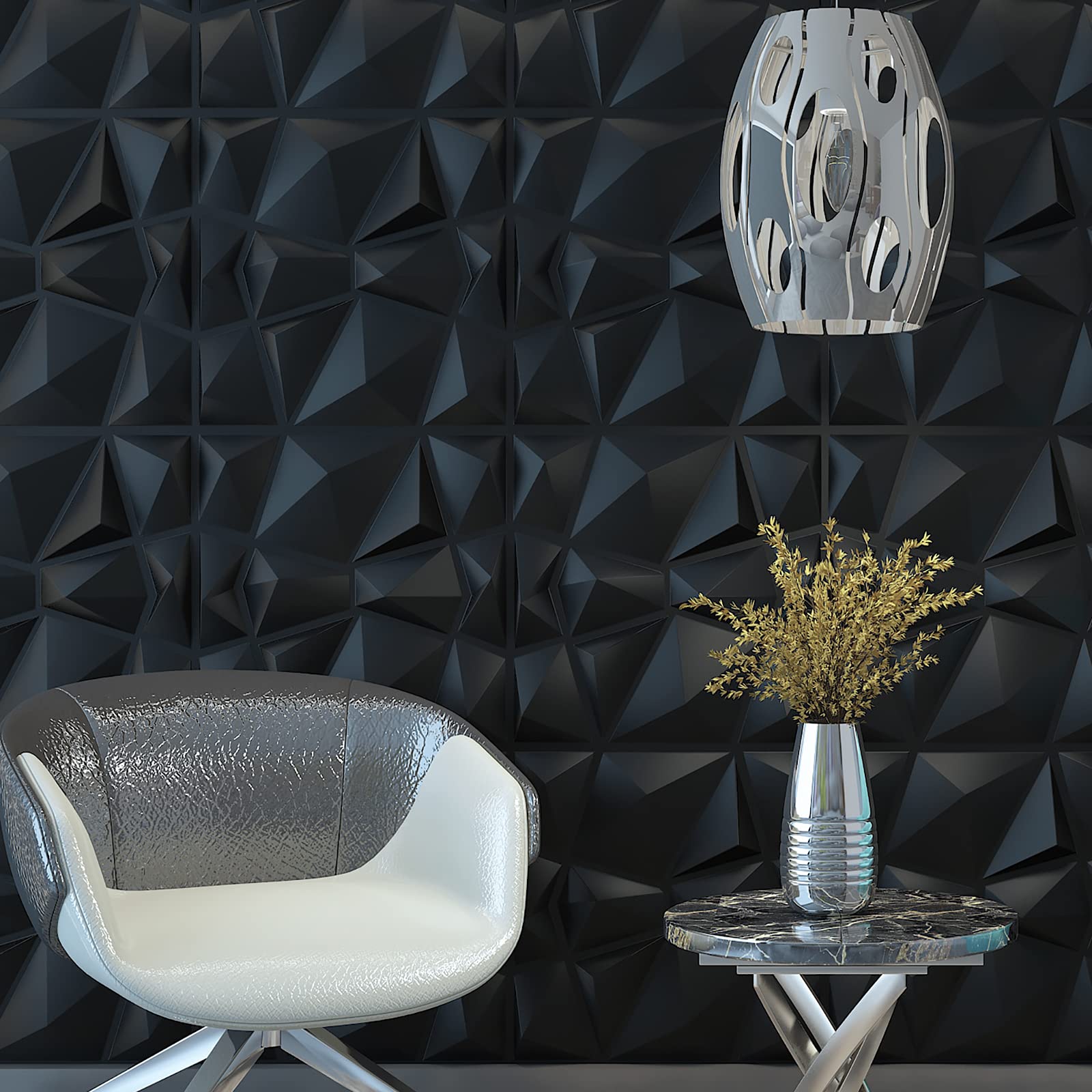 Art3d 50x50cm 3D Plastic Wall Panels Soundproof Black Diamond Design for Living Room Bedroom TV Background (Pack of 12 Tiles 32 Sq Ft)-image-728442506