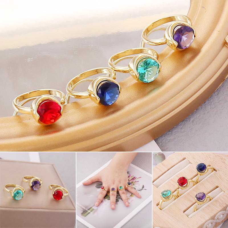 

Cluster Rings Ly Faceted Copper Inlaid Zircon Ring Multicolor Opening Adjustable Simple Fashion Design Jewely For Women