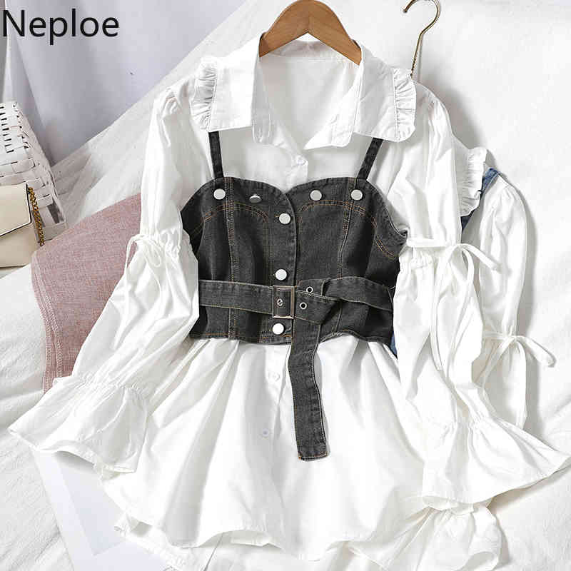 Neploe Blusas Mujer De Moda Lace Up Puff Sleeve Ruffles White Shirt Cowboy Sling Vest Tops Korean Fashion Blouses Women 210422
