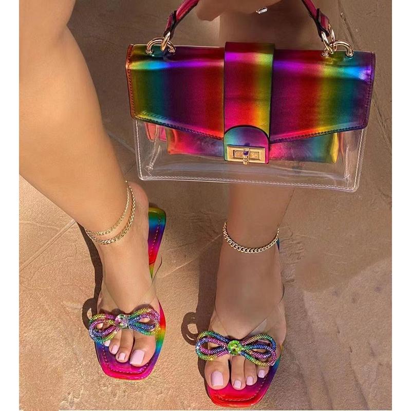 

Slippers Fashion Rainbow Flats Bling Bowknot With Colorful Bag Set Cute Diamond Shoes Summer Beach Flip Flops Ladies Slides, Women slipper