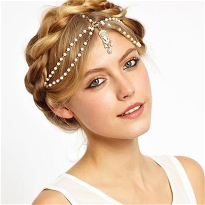 

accessories hot selling Hair Bohemian diamond inlaid pearl tassel hoop hair band forehead chain