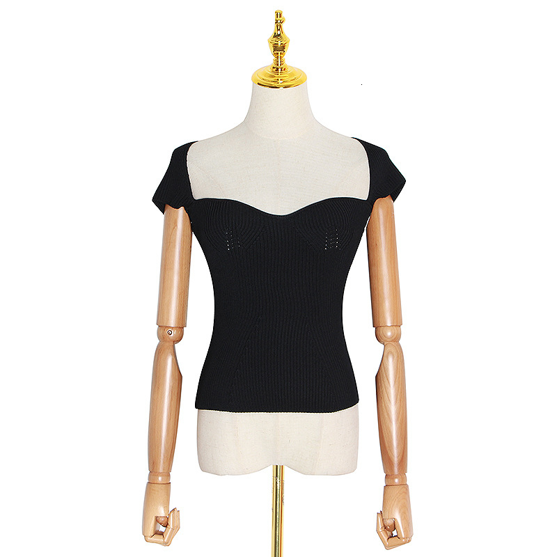 

Women's T-Shirt Sexy Arc Square Collar Knitted Woman T-shirts Slim Stretch Short Sleeve Fashion Women Summer Tops NTRE, White