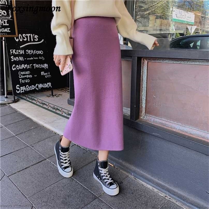 

High Elastic Waist Women Long Skirt Knitted Pencil Wool Autumn Split s Female Black Winter Solid Knitting One-step 211109, Light gray