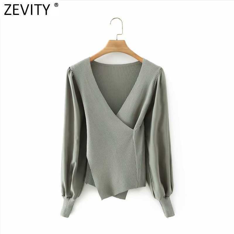 

Zevity Women Fashion Cross V Neck Solid Chiffon Sleeve Patchwork Knitting Smock Blouse Female Shirt Chic Blusas Tops LS7701 210603, Fxjc ls7701g