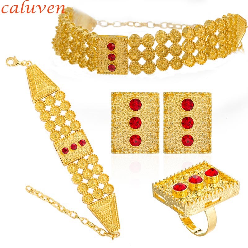 

Jewelry Sets Ethiopian Gold Color Colored Stone Chokers Necklace/earrings/ring/bracelet African Wedding Eritrean for Women, Green