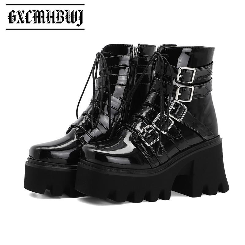 

Boots GXCMHBWJ Punk Goth Patent Leather Buckle Strap Chunky Platform Women Ankle Round Toe Lace Up High Heels Lady Demonia, Black