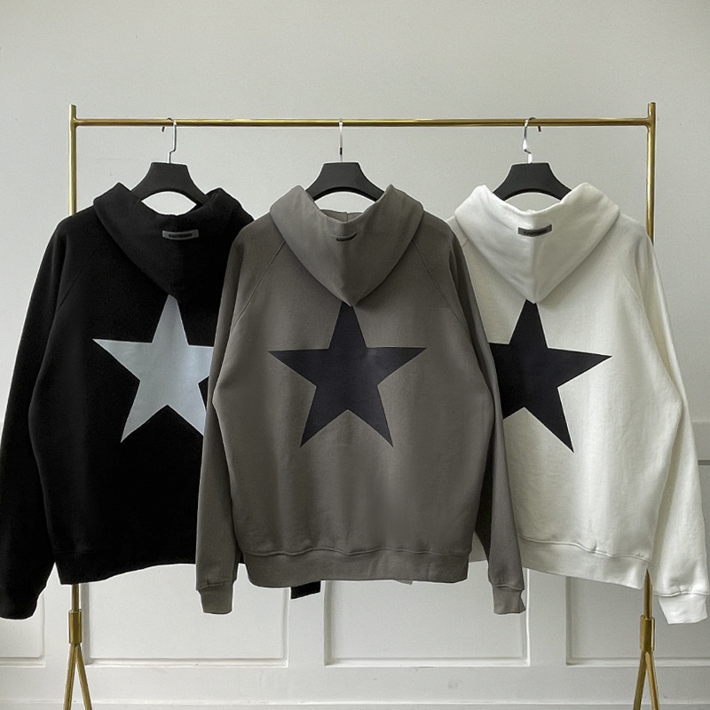 

High Street Double Line Essential Five Pointed Star Hooded Plush Sweater for Men and Women Loose Versatile Casual Couple Trend, White