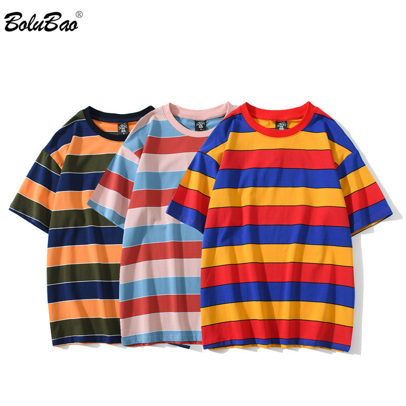 

BOLUBAO Summer Brand Casual Washed T-Shirts Men Vintage Contrast 100% Cotton Tops Striped Fashion Male T Shirt 210518, Pink blue