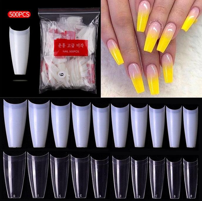 

500pcs/pack Clear Natural False Acrylic Nail Tips Half Cover French Coffin Fake Nails for Extension Fingernails UV Gel Manicure, Transparent