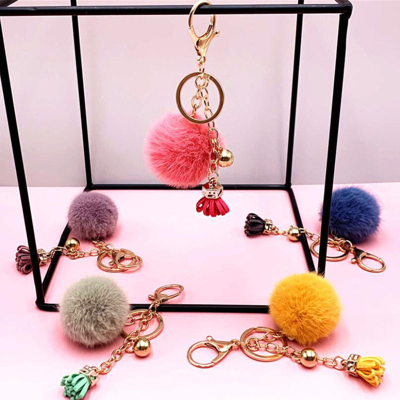 

20pcs/lot Girls Keychain Plush Balls With Tassel Cute Fruit Color Key Ring Women Bag Pendant Decorations