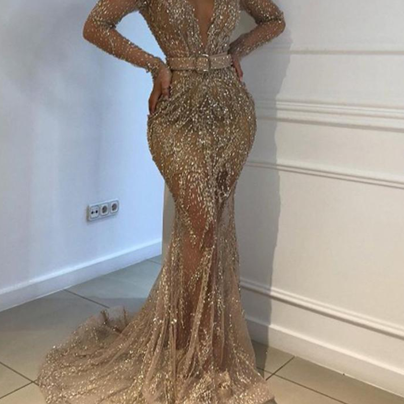 

2021 New Gold Evening Dresses Jewel Neck Beaded Sequined Lace Long Sleeve Mermaid Prom Dress Sweep Train Custom Illusion Robes De Soirée, Same as picture