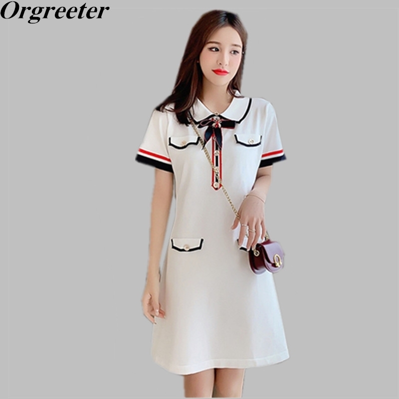 

Runway Design Summer Women Dress bee Bow Tie Striped Appliques Elegant Retro Short Sleeve Ladies 210525, Black