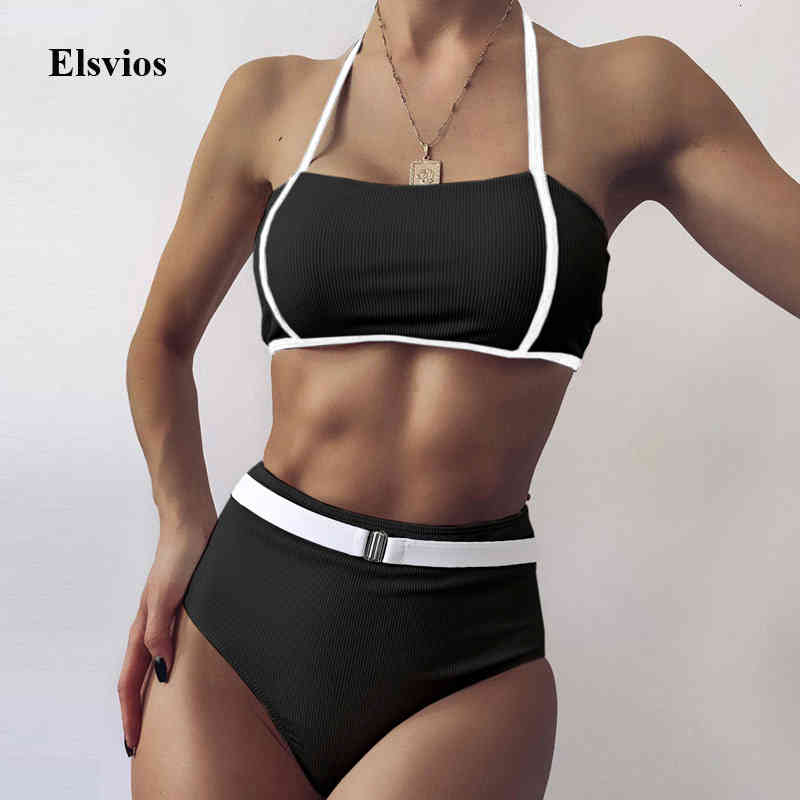 

Women's Swimwear 2021 High Waist Women Bikini Swimsuit Sexy Bandeau Halter Set Beachwear Summer Buckle Patchwork Biquini Female G8, Black