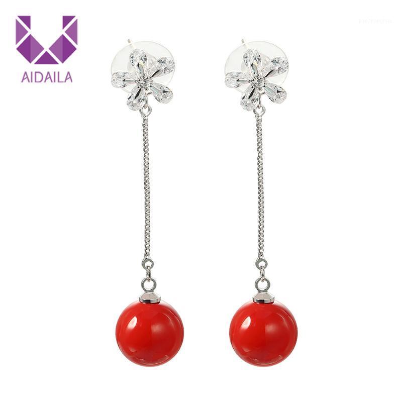 

Women Long Dangle Hanging Earrings For Wedding Ladies With + Cubic Zirconia Zircon Pearl Red White Korean Version Style & Chandelier, Silver